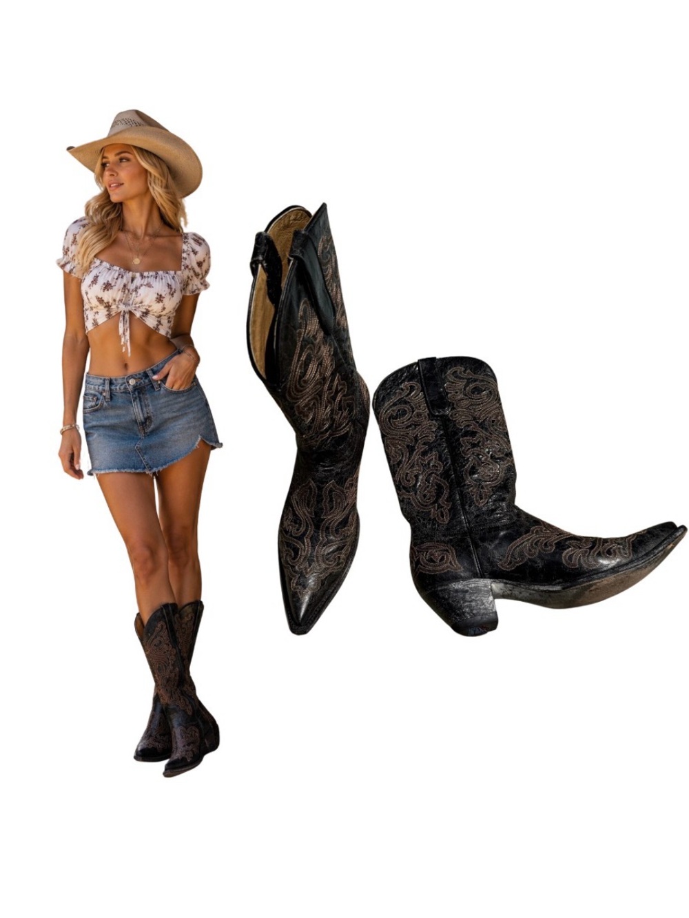 Old Gringo Yippee Ki Yay Black Embroidered Distressed Leather Western Boots 7.5